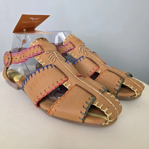 NWT Farm Rio Caramel Tan Whipstitch Fisherman Sandals Palm Tree Adjustable Strap - Picture 7 of 17